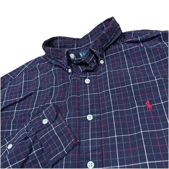 Ralph Lauren Classic Fit Windowpane Plaid Shirt Navy Blue Red White Button Down - Picture 1 of 6